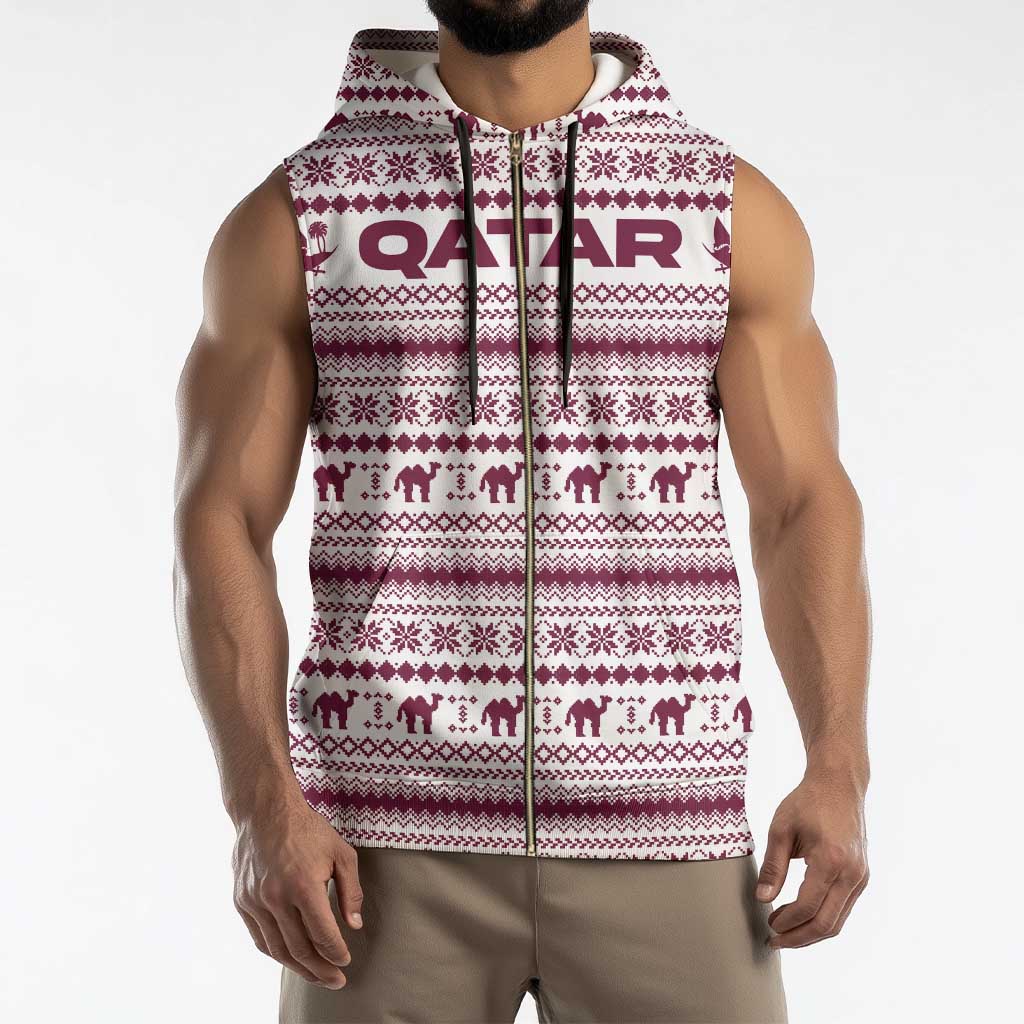 Qatar Christmas Sleeveless Zip Hoodie with Maroon-White Pattern, National Emblem, and Camel Motif - Wonder Print Shop