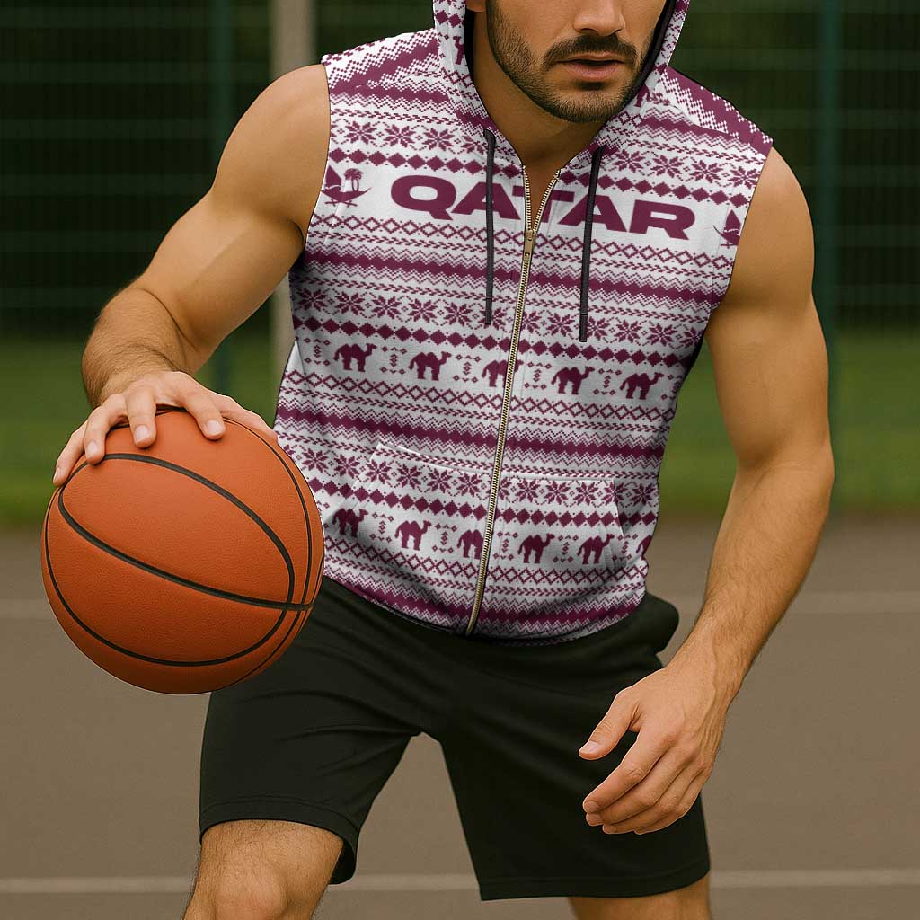 Qatar Christmas Sleeveless Zip Hoodie with Maroon-White Pattern, National Emblem, and Camel Motif - Wonder Print Shop