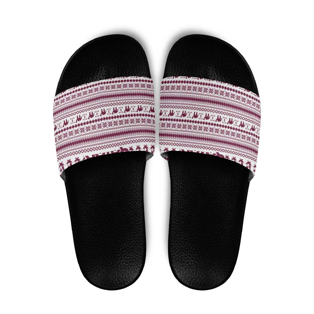 Qatar Christmas Slide Sandals with Maroon-White Pattern, National Emblem, and Camel Motif - Wonder Print Shop