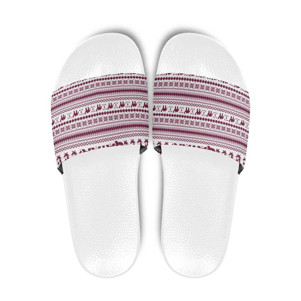 Qatar Christmas Slide Sandals with Maroon-White Pattern, National Emblem, and Camel Motif - Wonder Print Shop