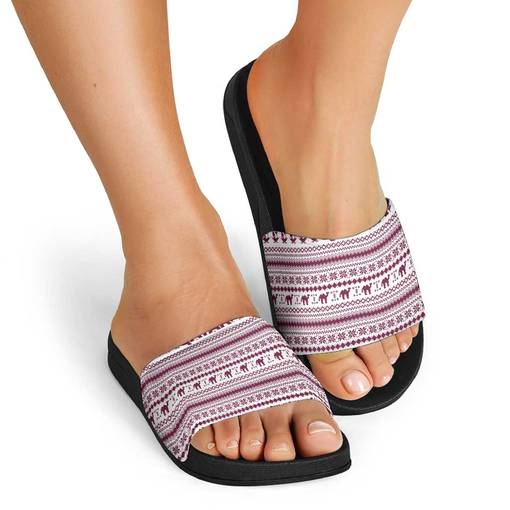 Qatar Christmas Slide Sandals with Maroon-White Pattern, National Emblem, and Camel Motif - Wonder Print Shop