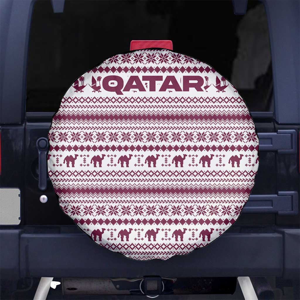 Qatar Christmas Spare Tire Cover with Maroon-White Pattern, National Emblem, and Camel Motif - Wonder Print Shop
