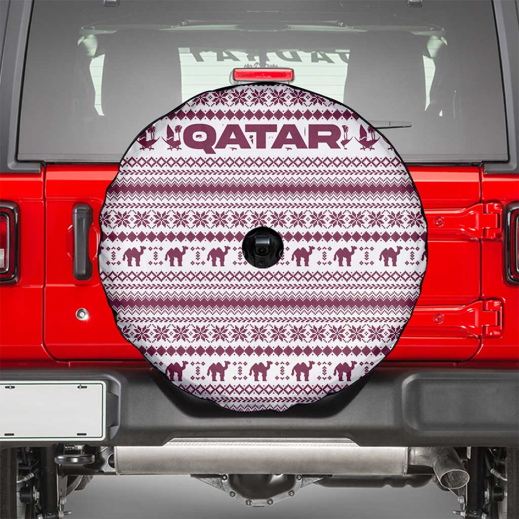 Qatar Christmas Spare Tire Cover with Maroon-White Pattern, National Emblem, and Camel Motif - Wonder Print Shop