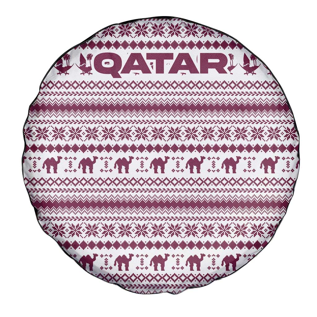 Qatar Christmas Spare Tire Cover with Maroon-White Pattern, National Emblem, and Camel Motif - Wonder Print Shop