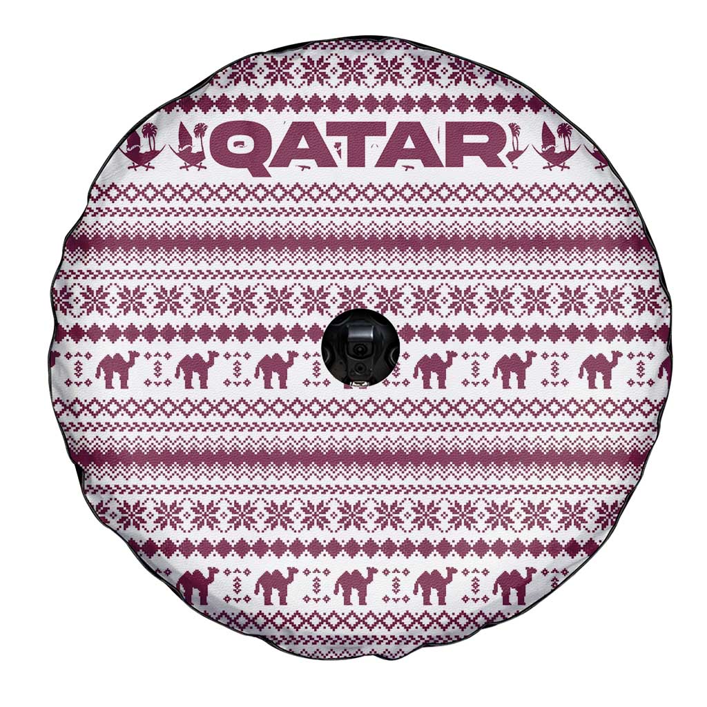 Qatar Christmas Spare Tire Cover with Maroon-White Pattern, National Emblem, and Camel Motif - Wonder Print Shop