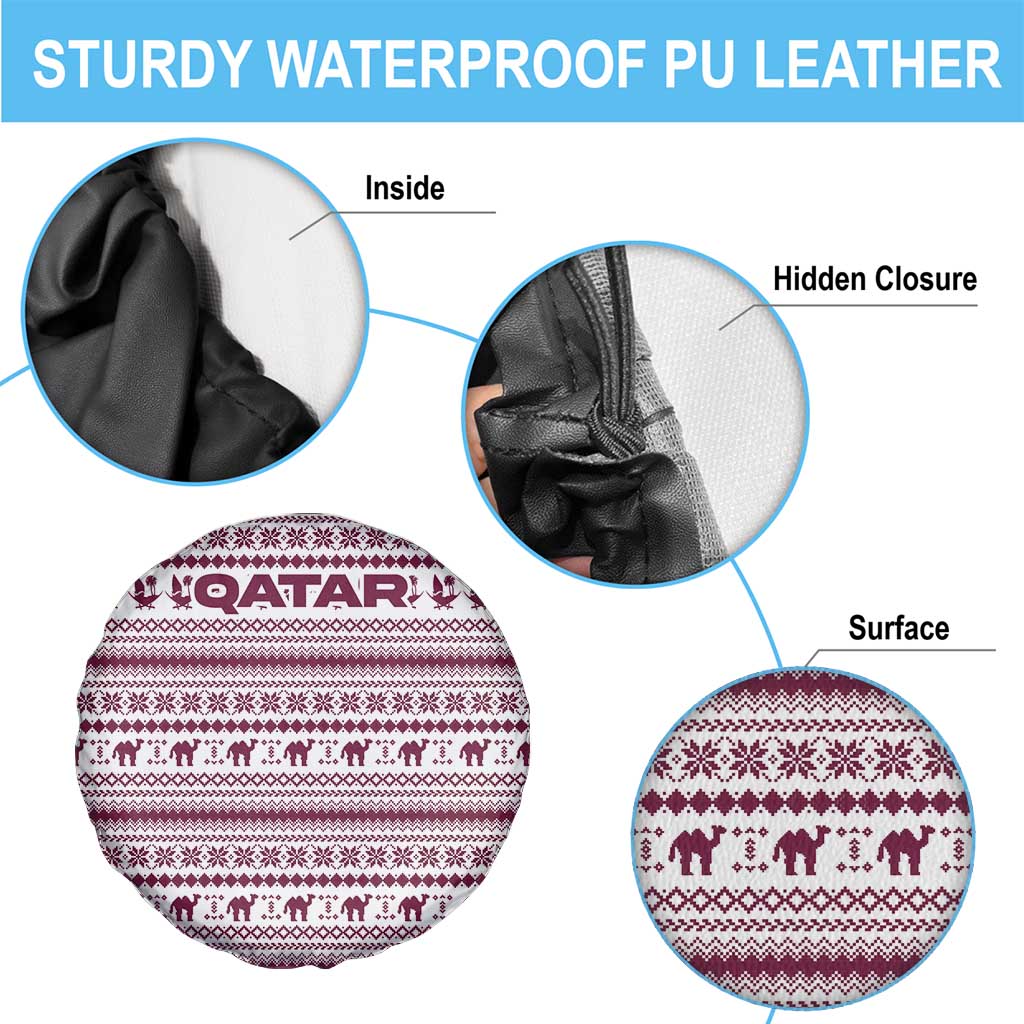 Qatar Christmas Spare Tire Cover with Maroon-White Pattern, National Emblem, and Camel Motif - Wonder Print Shop