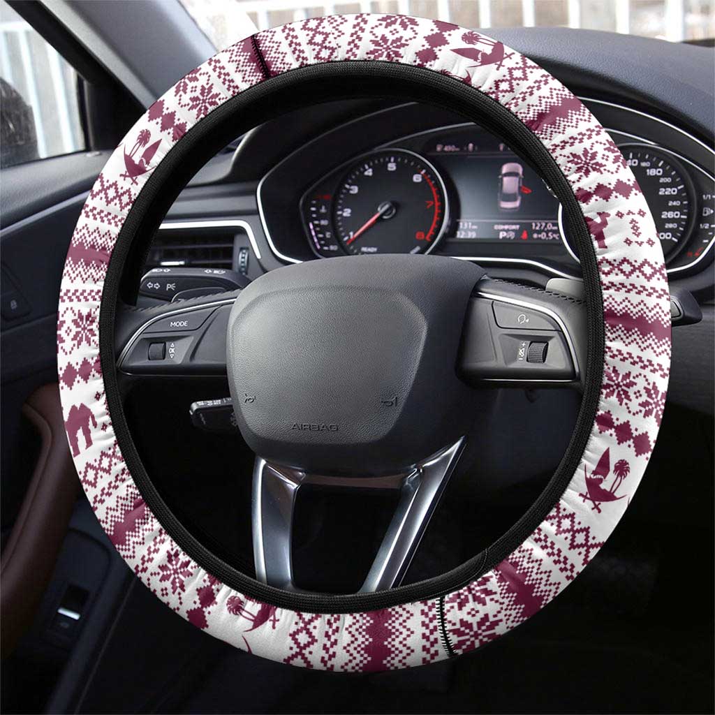 Qatar Christmas Steering Wheel Cover with Maroon-White Pattern, National Emblem, and Camel Motif - Wonder Print Shop