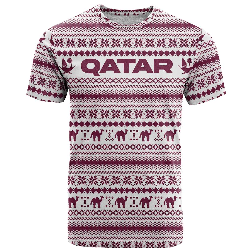 Qatar Christmas T Shirt with Maroon-White Pattern, National Emblem, and Camel Motif - Wonder Print Shop