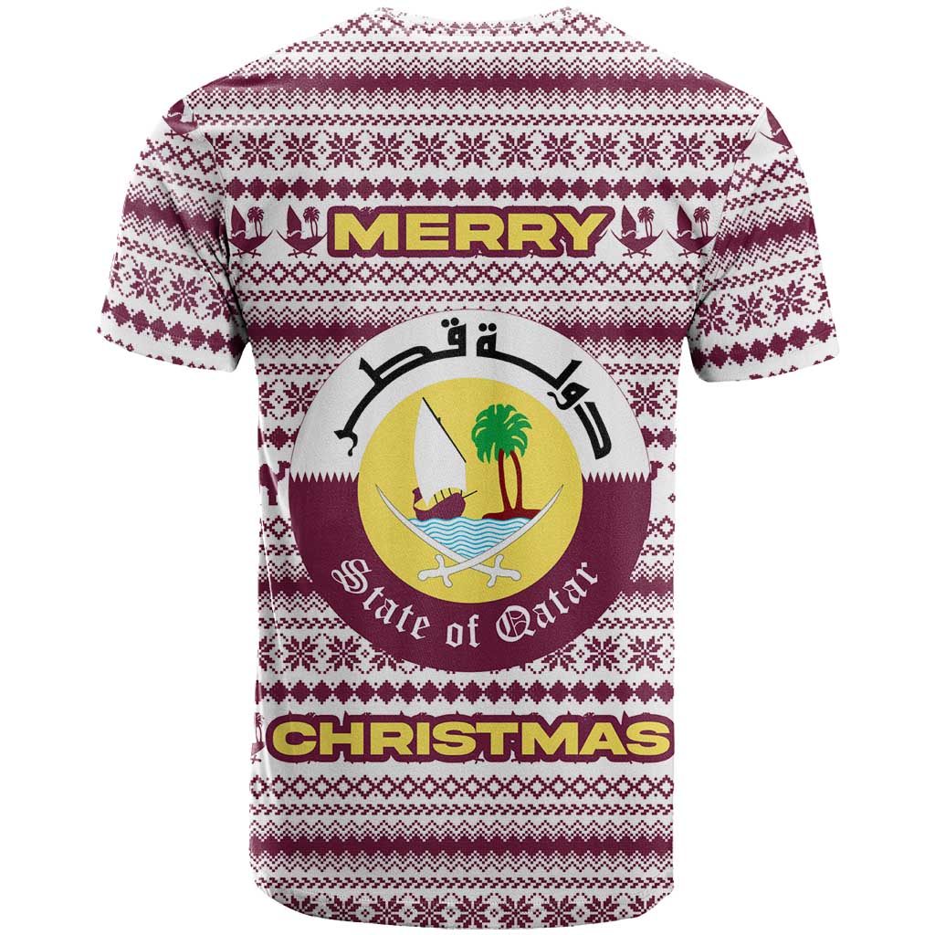 Qatar Christmas T Shirt with Maroon-White Pattern, National Emblem, and Camel Motif - Wonder Print Shop