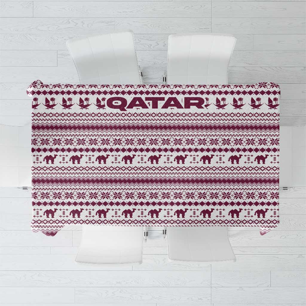 Qatar Christmas Tablecloth with Maroon-White Pattern, National Emblem, and Camel Motif - Wonder Print Shop