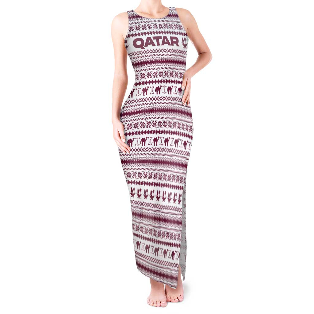 Qatar Christmas Tank Maxi Dress with Maroon-White Pattern, National Emblem, and Camel Motif - Wonder Print Shop