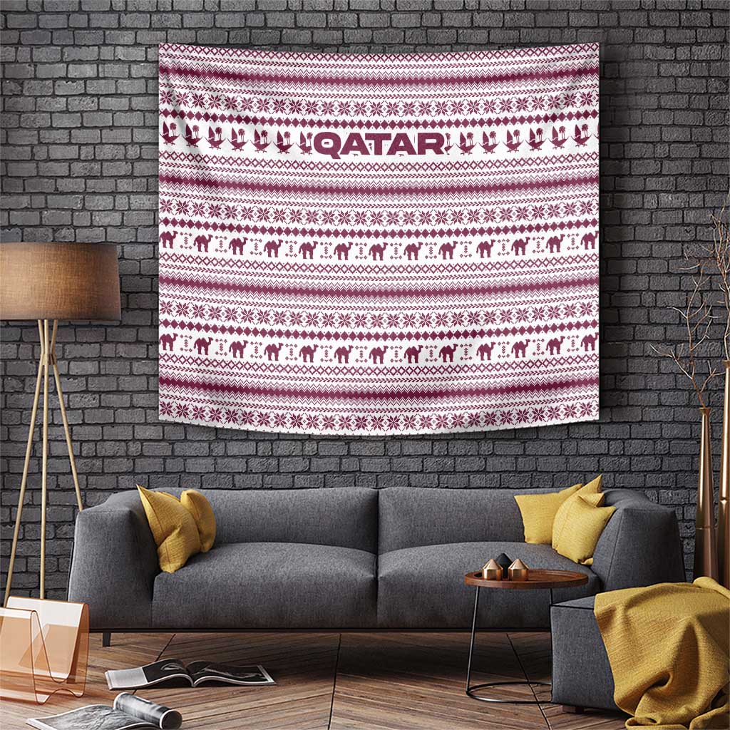 Qatar Christmas Tapestry with Maroon-White Pattern, National Emblem, and Camel Motif - Wonder Print Shop