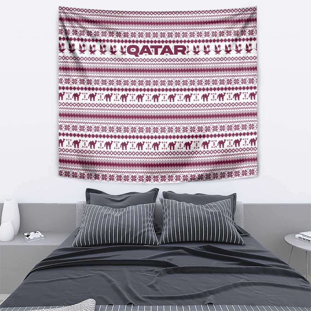 Qatar Christmas Tapestry with Maroon-White Pattern, National Emblem, and Camel Motif - Wonder Print Shop