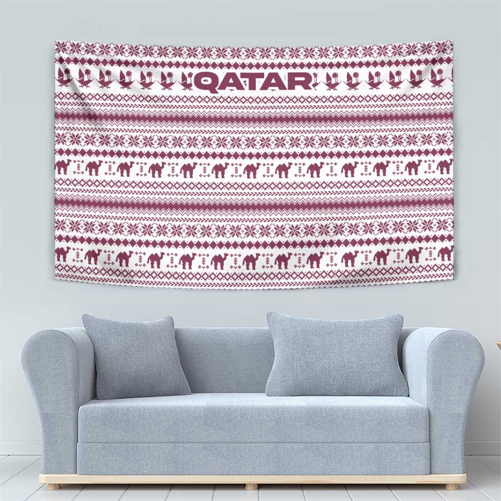 Qatar Christmas Tapestry with Maroon-White Pattern, National Emblem, and Camel Motif - Wonder Print Shop