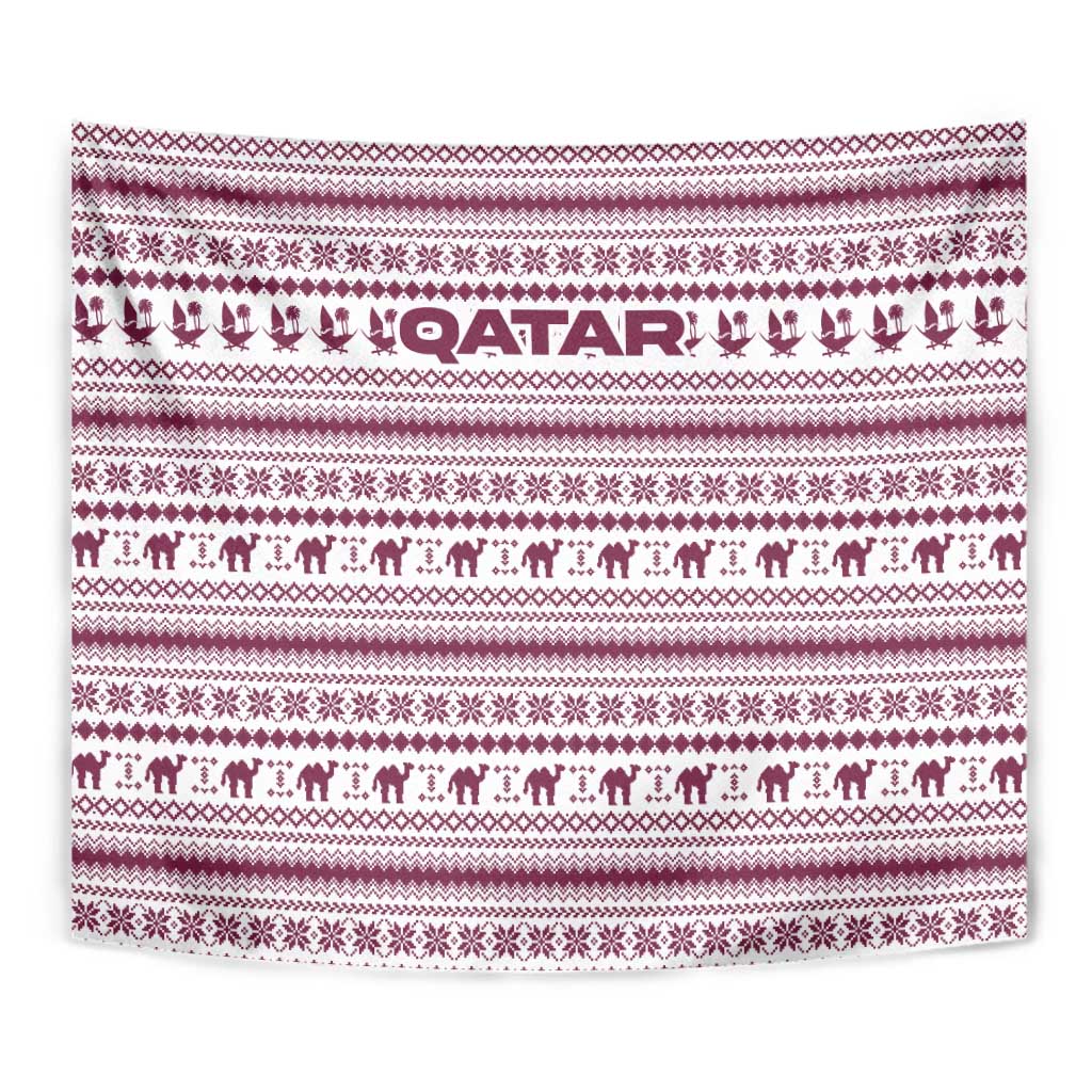 Qatar Christmas Tapestry with Maroon-White Pattern, National Emblem, and Camel Motif - Wonder Print Shop