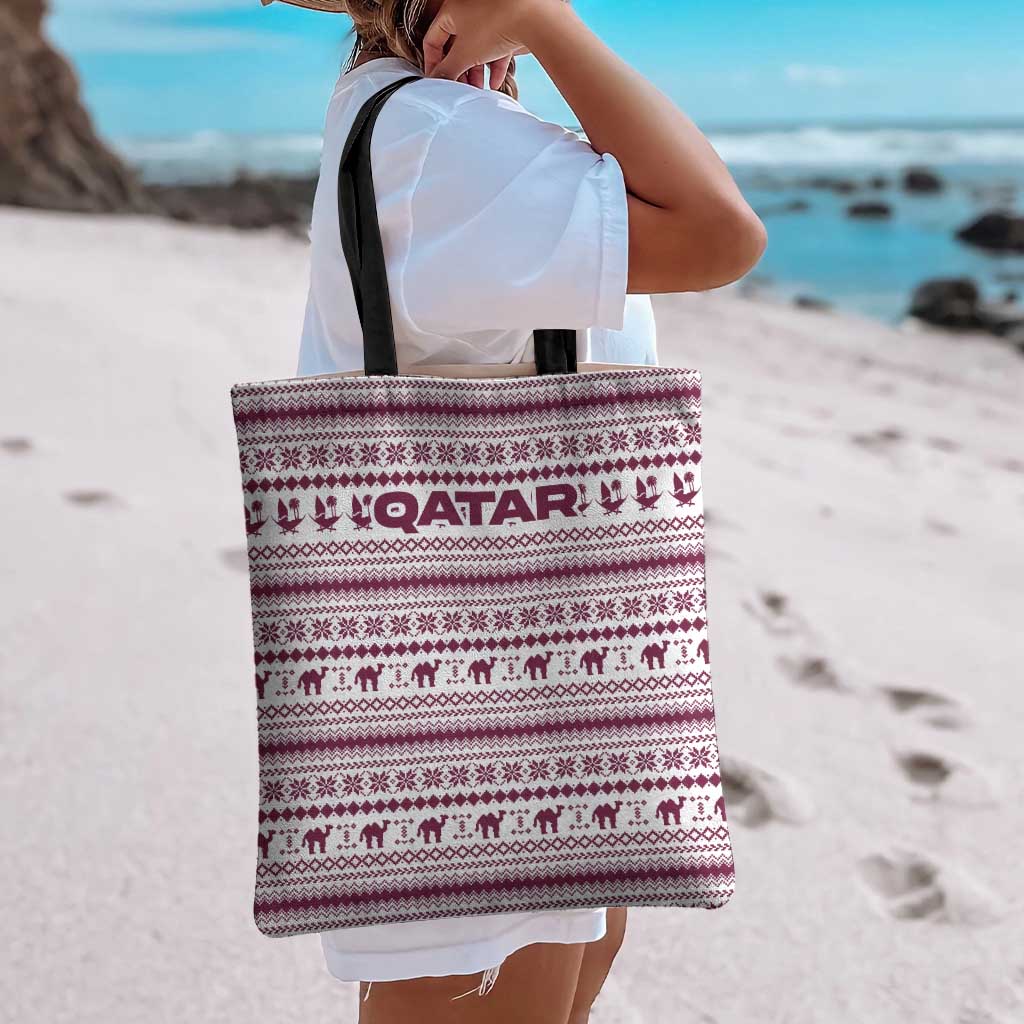 Qatar Christmas Tote Bag with Maroon-White Pattern, National Emblem, and Camel Motif - Wonder Print Shop