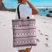 Qatar Christmas Tote Bag with Maroon-White Pattern, National Emblem, and Camel Motif - Wonder Print Shop