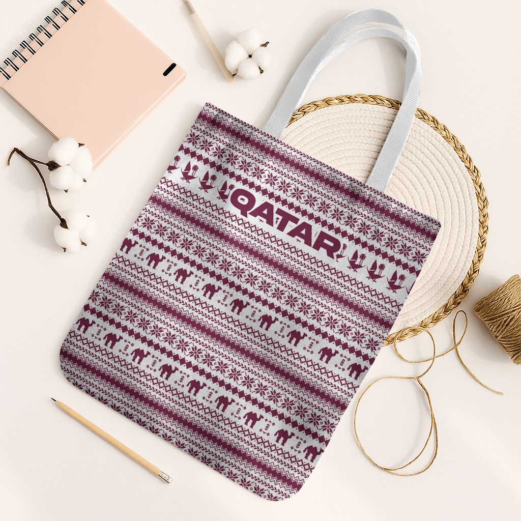 Qatar Christmas Tote Bag with Maroon-White Pattern, National Emblem, and Camel Motif - Wonder Print Shop
