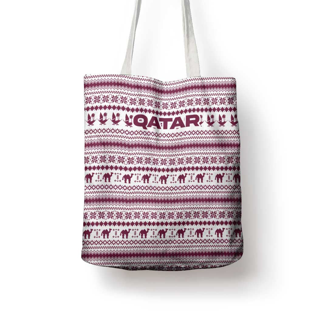 Qatar Christmas Tote Bag with Maroon-White Pattern, National Emblem, and Camel Motif - Wonder Print Shop