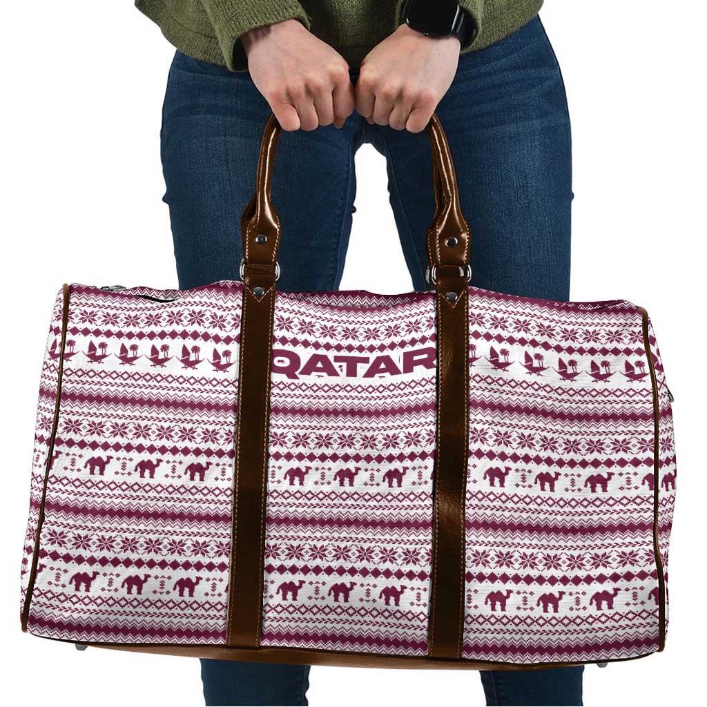 Qatar Christmas Travel Bag with Maroon-White Pattern, National Emblem, and Camel Motif - Wonder Print Shop