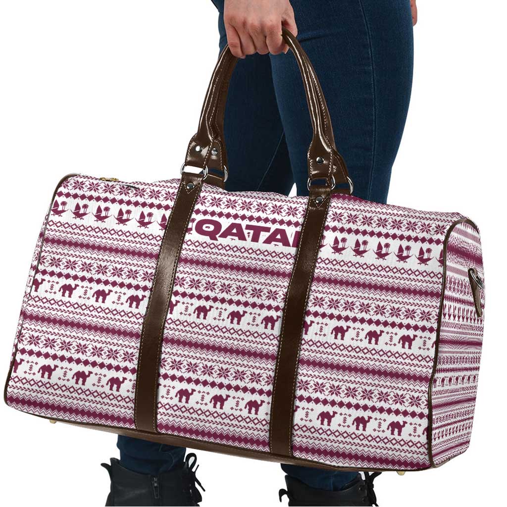 Qatar Christmas Travel Bag with Maroon-White Pattern, National Emblem, and Camel Motif - Wonder Print Shop