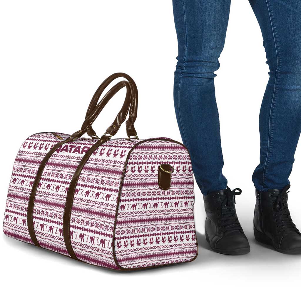 Qatar Christmas Travel Bag with Maroon-White Pattern, National Emblem, and Camel Motif - Wonder Print Shop