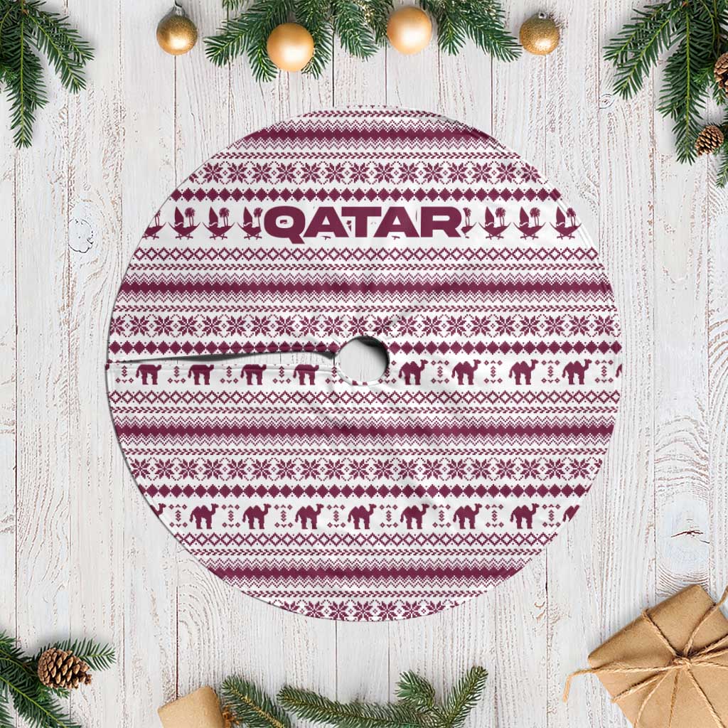 Qatar Christmas Tree Skirt with Maroon-White Pattern, National Emblem, and Camel Motif - Wonder Print Shop