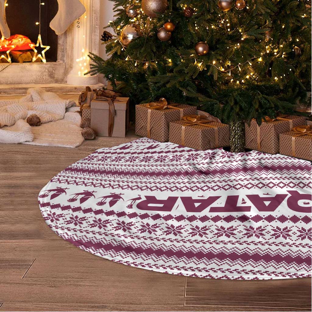 Qatar Christmas Tree Skirt with Maroon-White Pattern, National Emblem, and Camel Motif - Wonder Print Shop