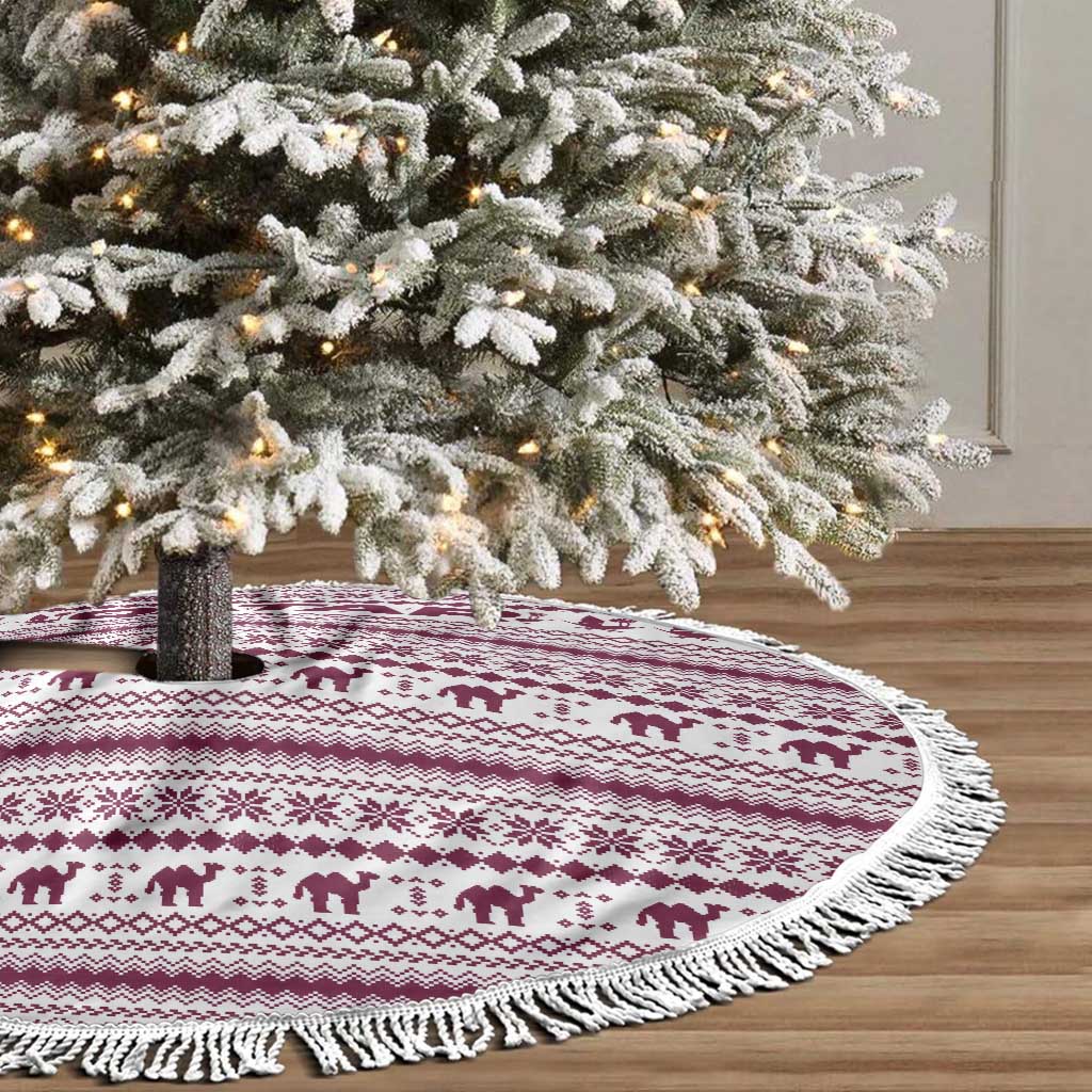 Qatar Christmas Tree Skirt with Maroon-White Pattern, National Emblem, and Camel Motif - Wonder Print Shop