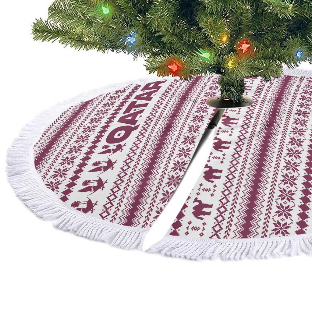 Qatar Christmas Tree Skirt with Maroon-White Pattern, National Emblem, and Camel Motif - Wonder Print Shop