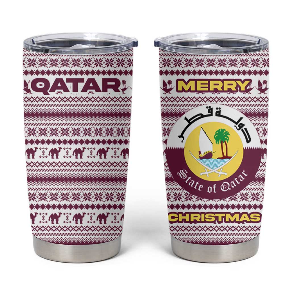 Qatar Christmas Tumbler Cup with Maroon-White Pattern, National Emblem, and Camel Motif - Wonder Print Shop