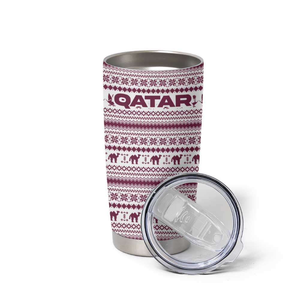 Qatar Christmas Tumbler Cup with Maroon-White Pattern, National Emblem, and Camel Motif - Wonder Print Shop