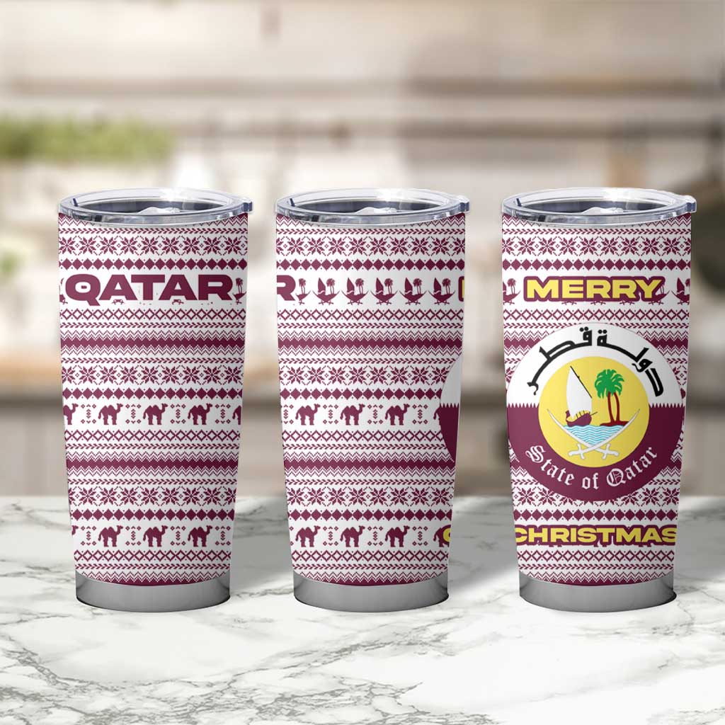 Qatar Christmas Tumbler Cup with Maroon-White Pattern, National Emblem, and Camel Motif - Wonder Print Shop
