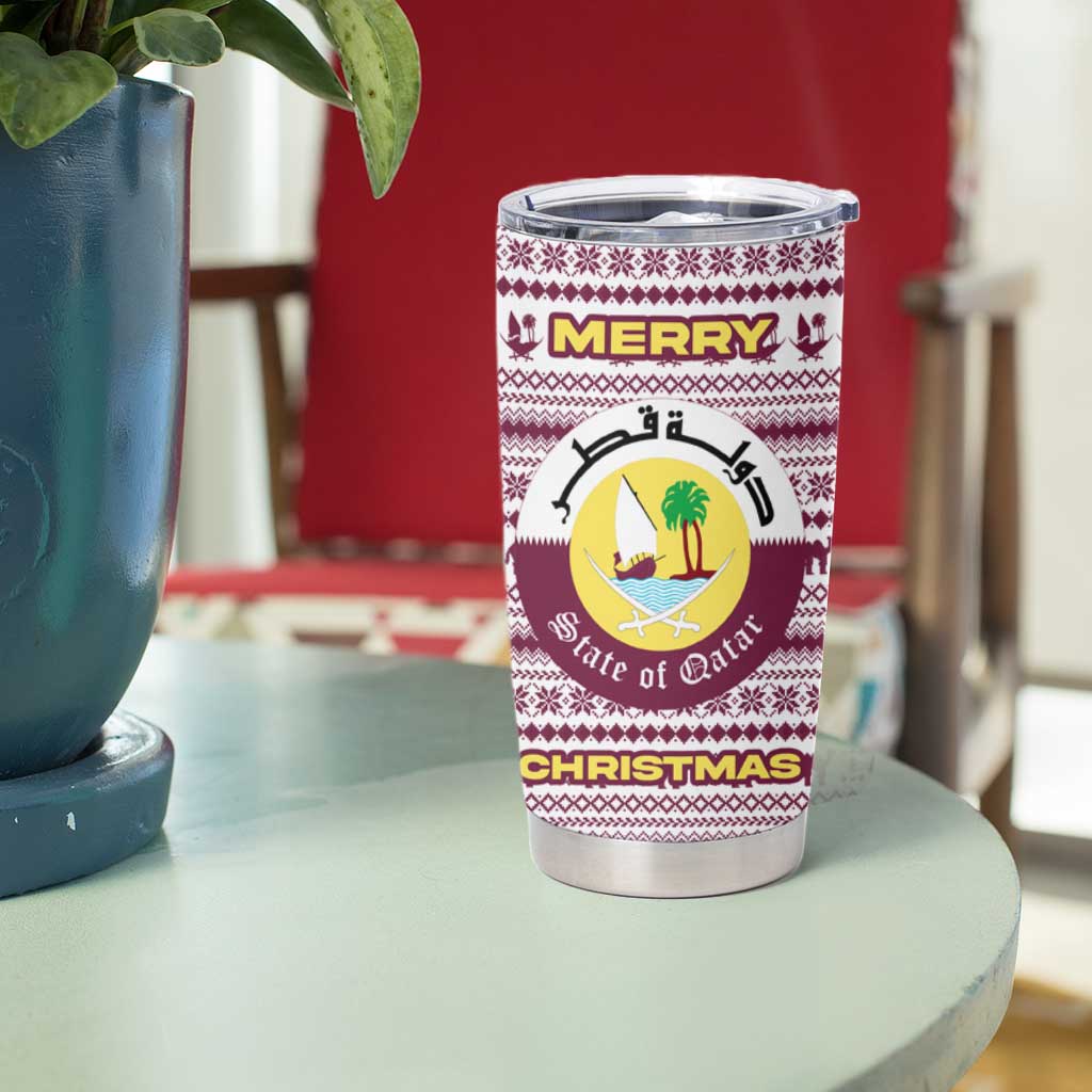 Qatar Christmas Tumbler Cup with Maroon-White Pattern, National Emblem, and Camel Motif - Wonder Print Shop