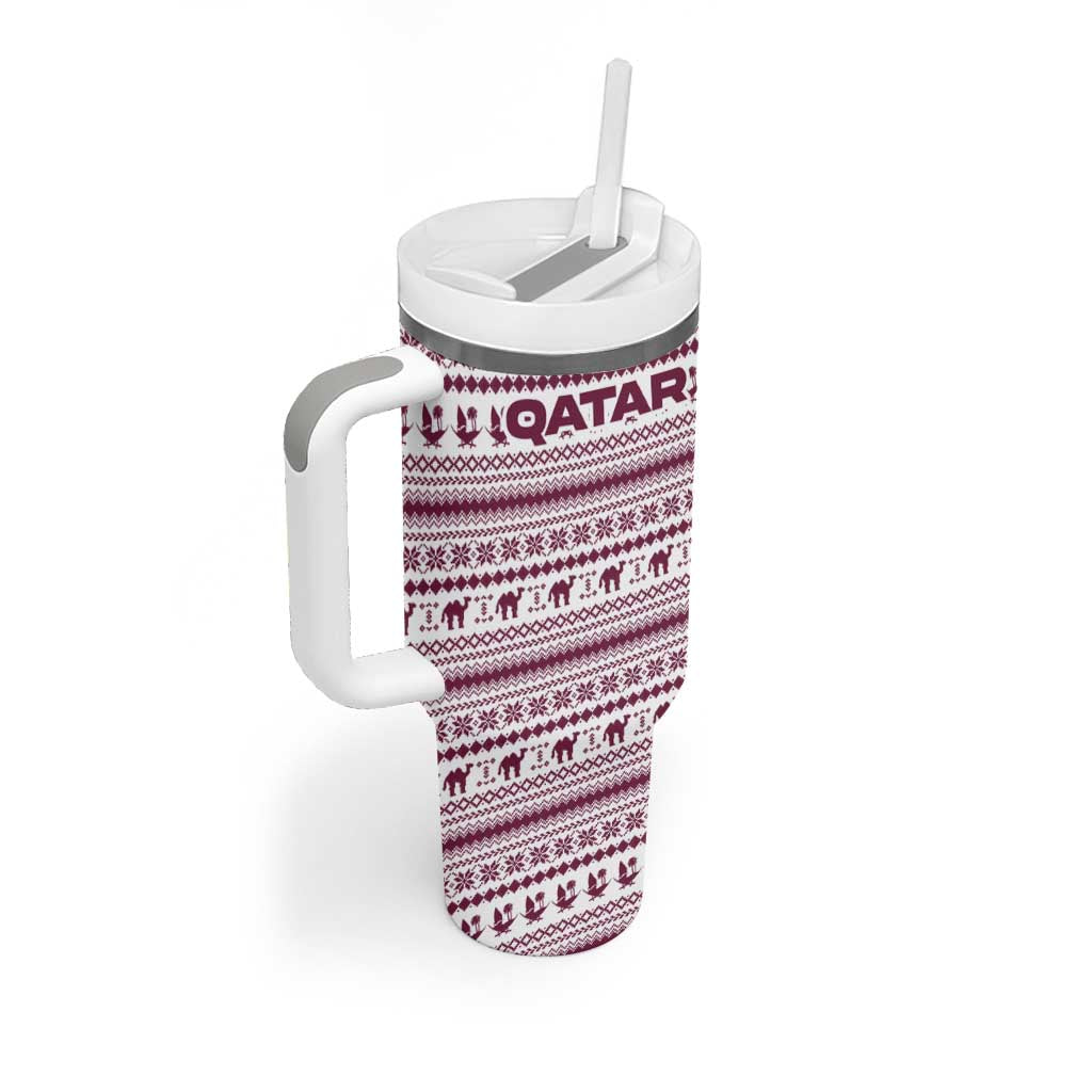 Qatar Christmas Tumbler With Handle with Maroon-White Pattern, National Emblem, and Camel Motif - Wonder Print Shop