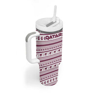 Qatar Christmas Tumbler With Handle with Maroon-White Pattern, National Emblem, and Camel Motif - Wonder Print Shop