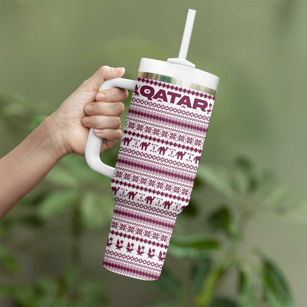 Qatar Christmas Tumbler With Handle with Maroon-White Pattern, National Emblem, and Camel Motif - Wonder Print Shop