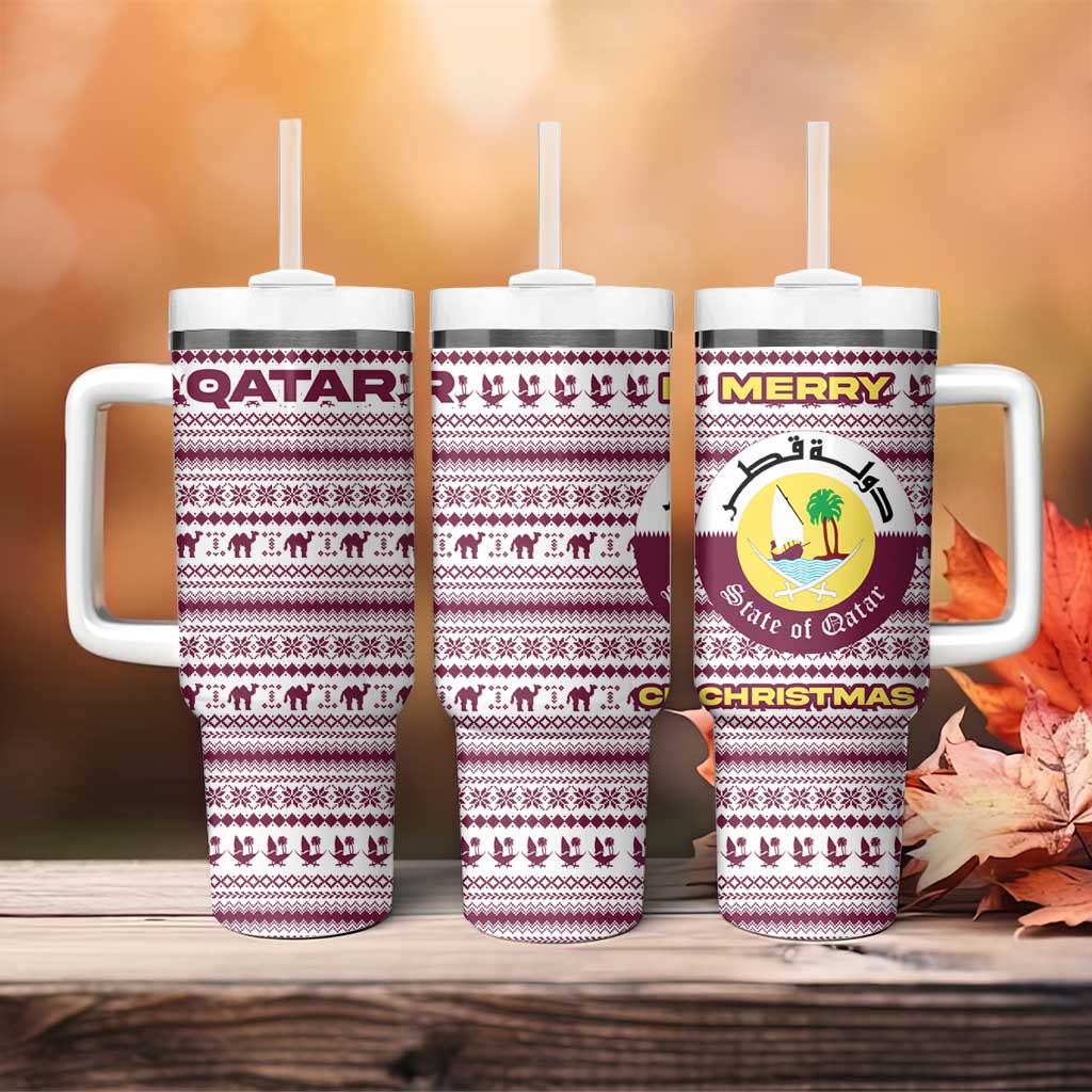 Qatar Christmas Tumbler With Handle with Maroon-White Pattern, National Emblem, and Camel Motif - Wonder Print Shop