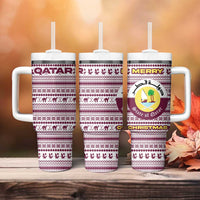 Qatar Christmas Tumbler With Handle with Maroon-White Pattern, National Emblem, and Camel Motif - Wonder Print Shop