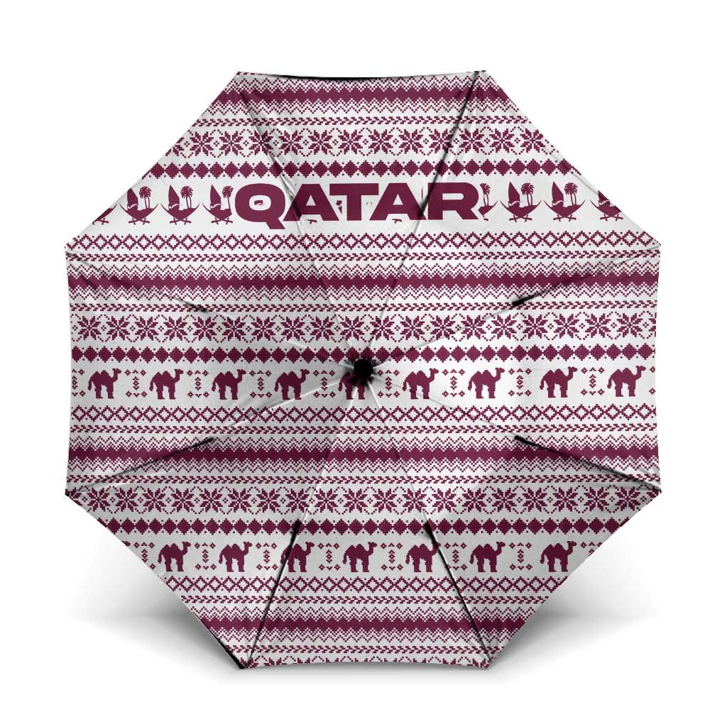 Qatar Christmas Umbrella with Maroon-White Pattern, National Emblem, and Camel Motif - Wonder Print Shop