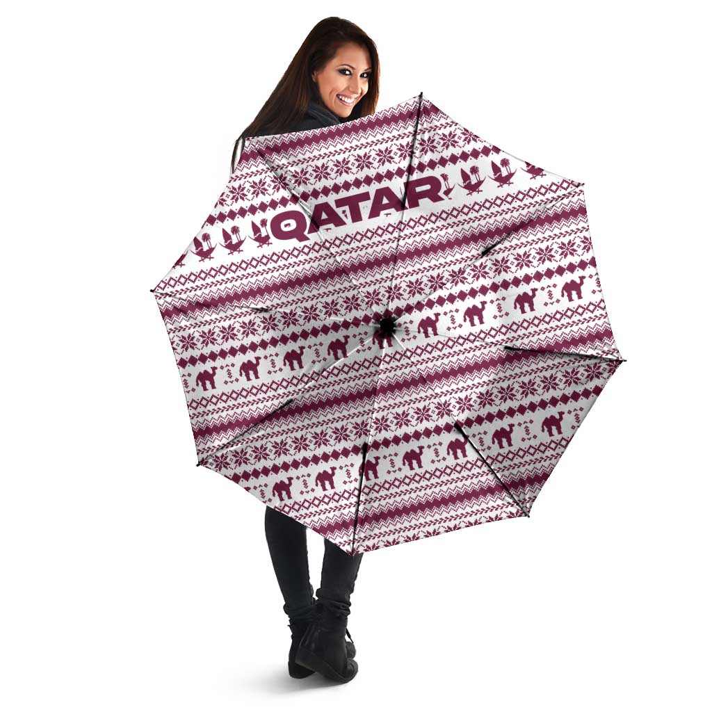 Qatar Christmas Umbrella with Maroon-White Pattern, National Emblem, and Camel Motif - Wonder Print Shop