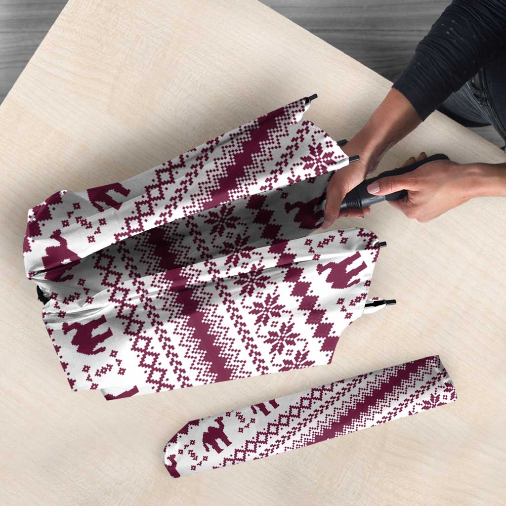 Qatar Christmas Umbrella with Maroon-White Pattern, National Emblem, and Camel Motif - Wonder Print Shop