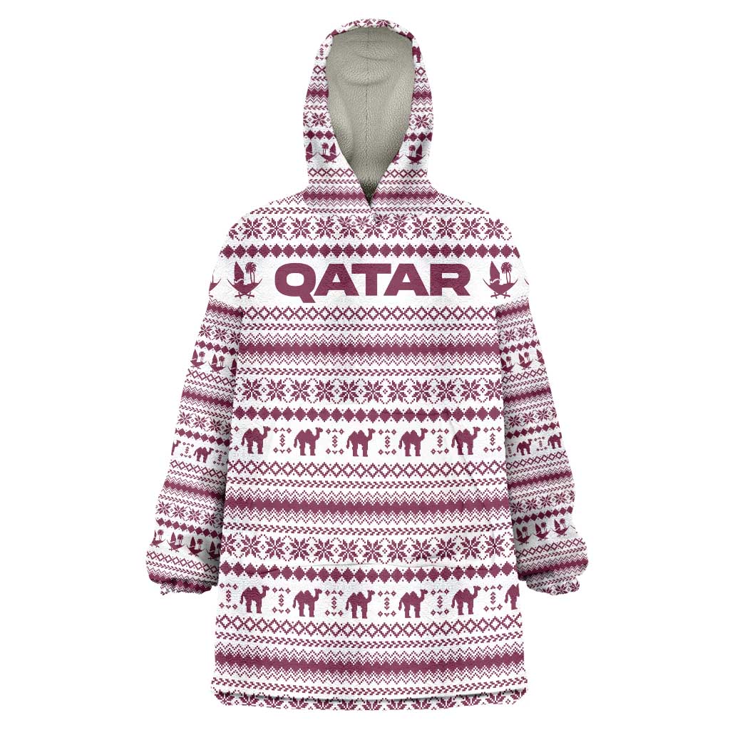 Qatar Christmas Wearable Blanket Hoodie with Maroon-White Pattern, National Emblem, and Camel Motif - Wonder Print Shop