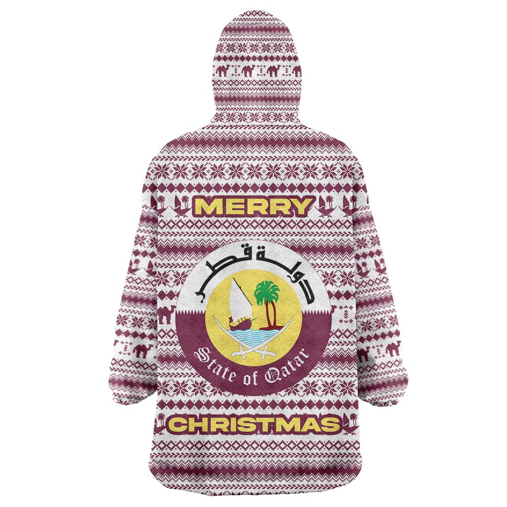 Qatar Christmas Wearable Blanket Hoodie with Maroon-White Pattern, National Emblem, and Camel Motif - Wonder Print Shop