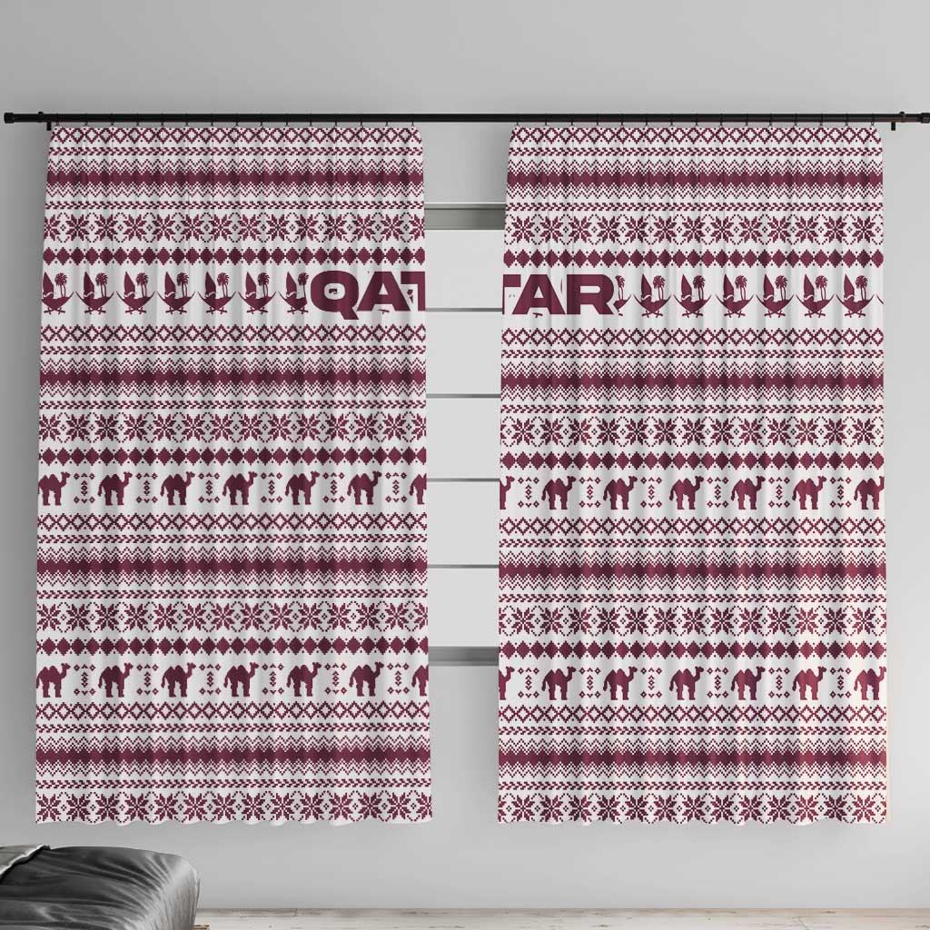 Qatar Christmas Window Curtain with Maroon-White Pattern, National Emblem, and Camel Motif - Wonder Print Shop