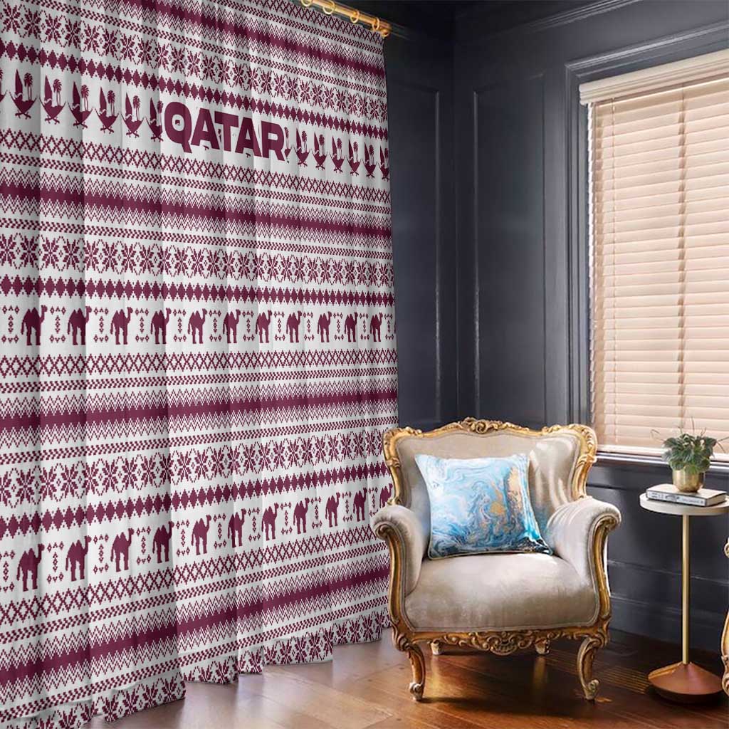 Qatar Christmas Window Curtain with Maroon-White Pattern, National Emblem, and Camel Motif - Wonder Print Shop