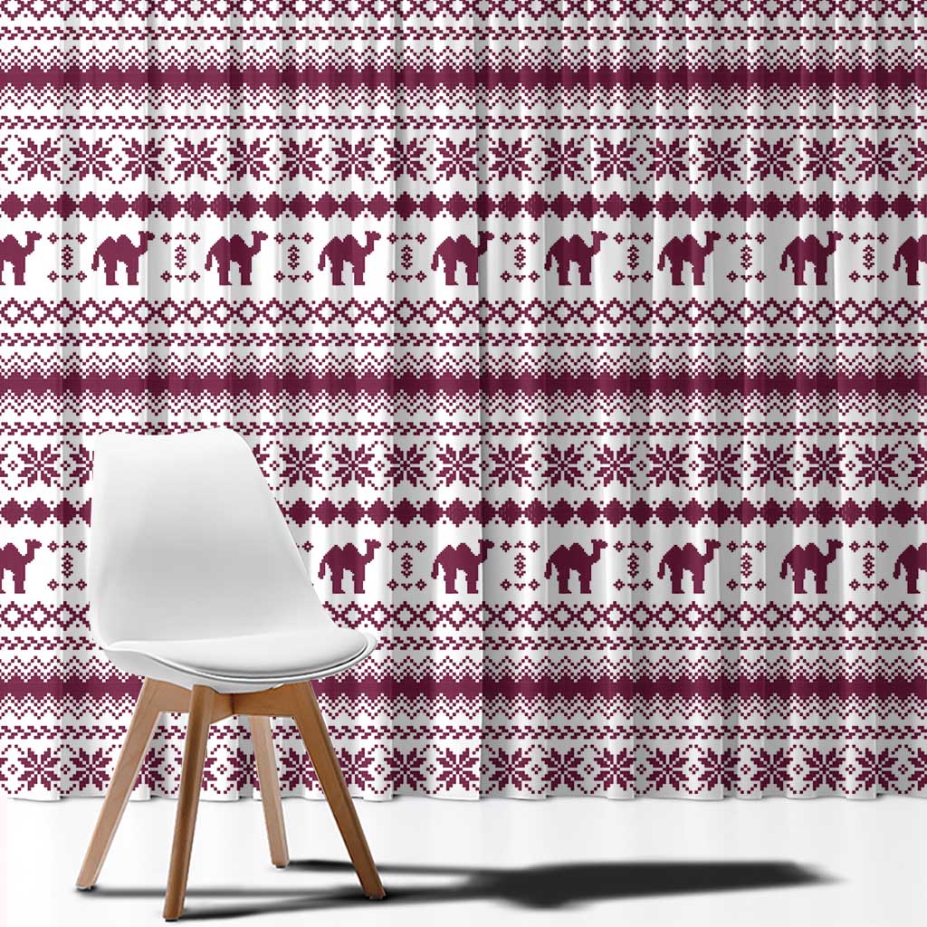 Qatar Christmas Window Curtain with Maroon-White Pattern, National Emblem, and Camel Motif - Wonder Print Shop