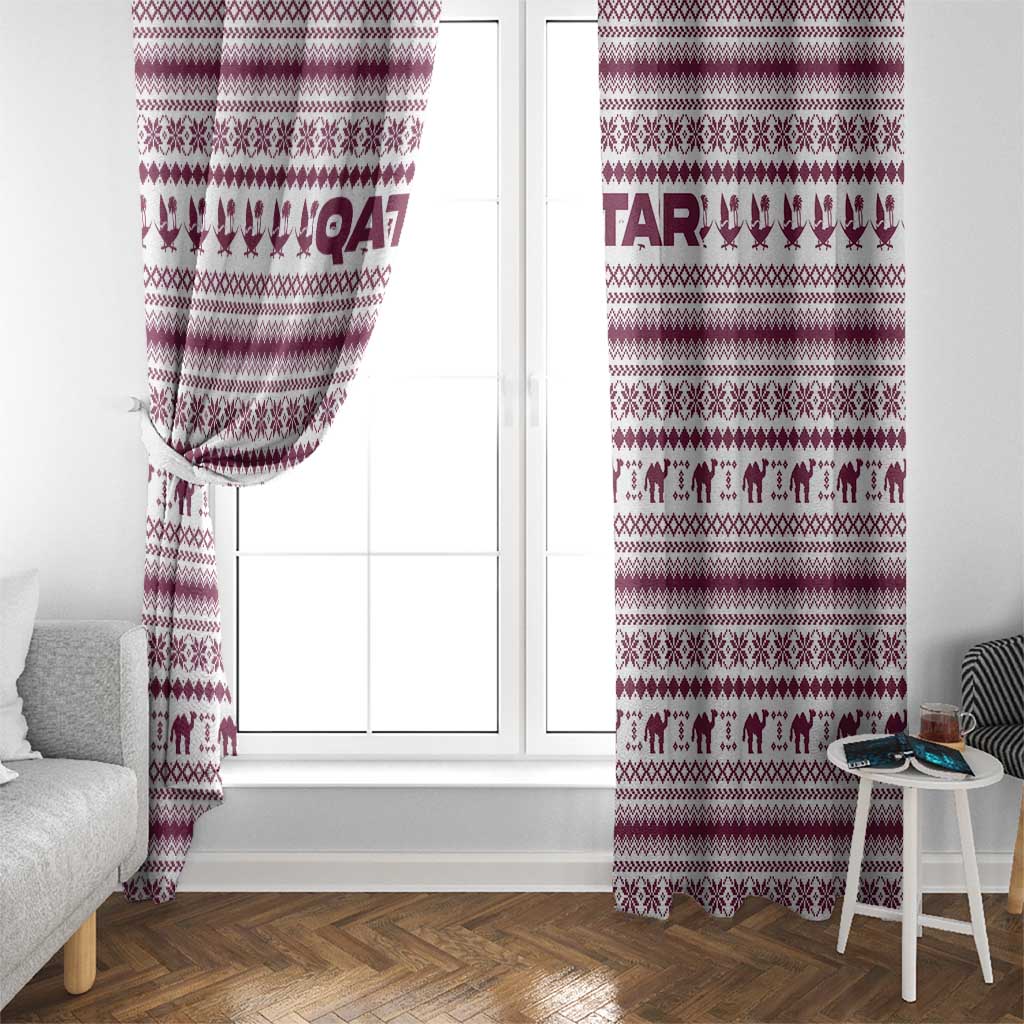 Qatar Christmas Window Curtain with Maroon-White Pattern, National Emblem, and Camel Motif - Wonder Print Shop