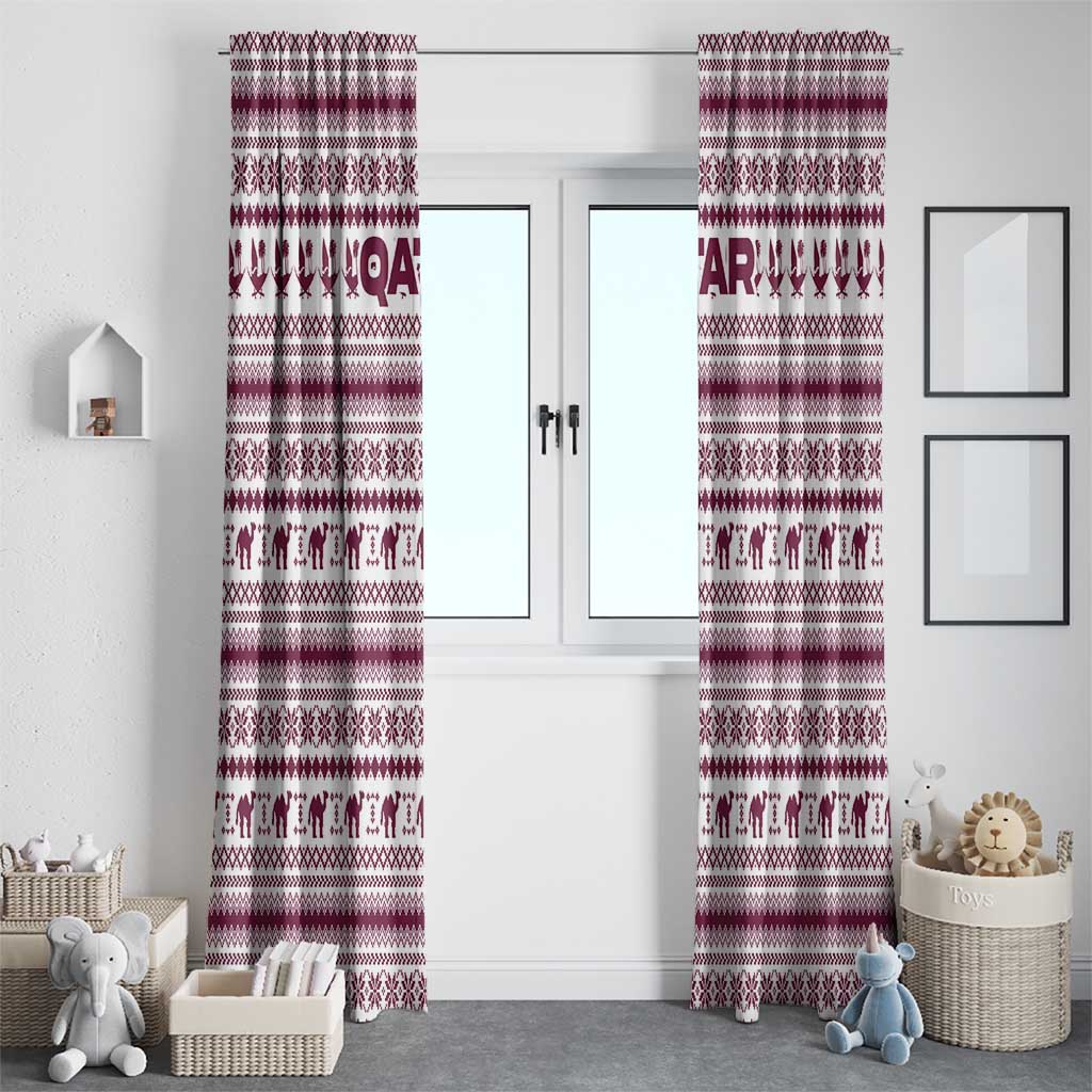 Qatar Christmas Window Curtain with Maroon-White Pattern, National Emblem, and Camel Motif - Wonder Print Shop