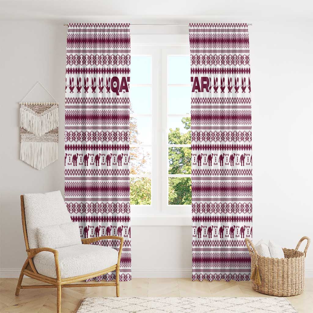 Qatar Christmas Window Curtain with Maroon-White Pattern, National Emblem, and Camel Motif - Wonder Print Shop